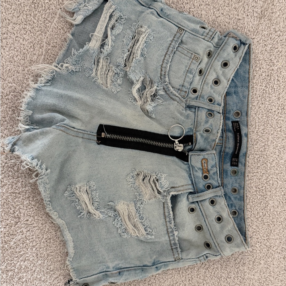 Zara Light Blue Ripped Jean Shorts